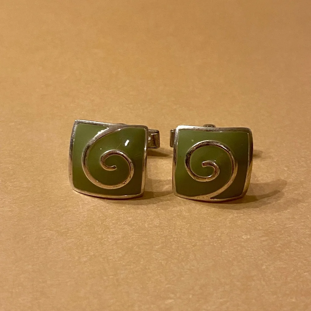 Sterling silver green enamel cuff links
